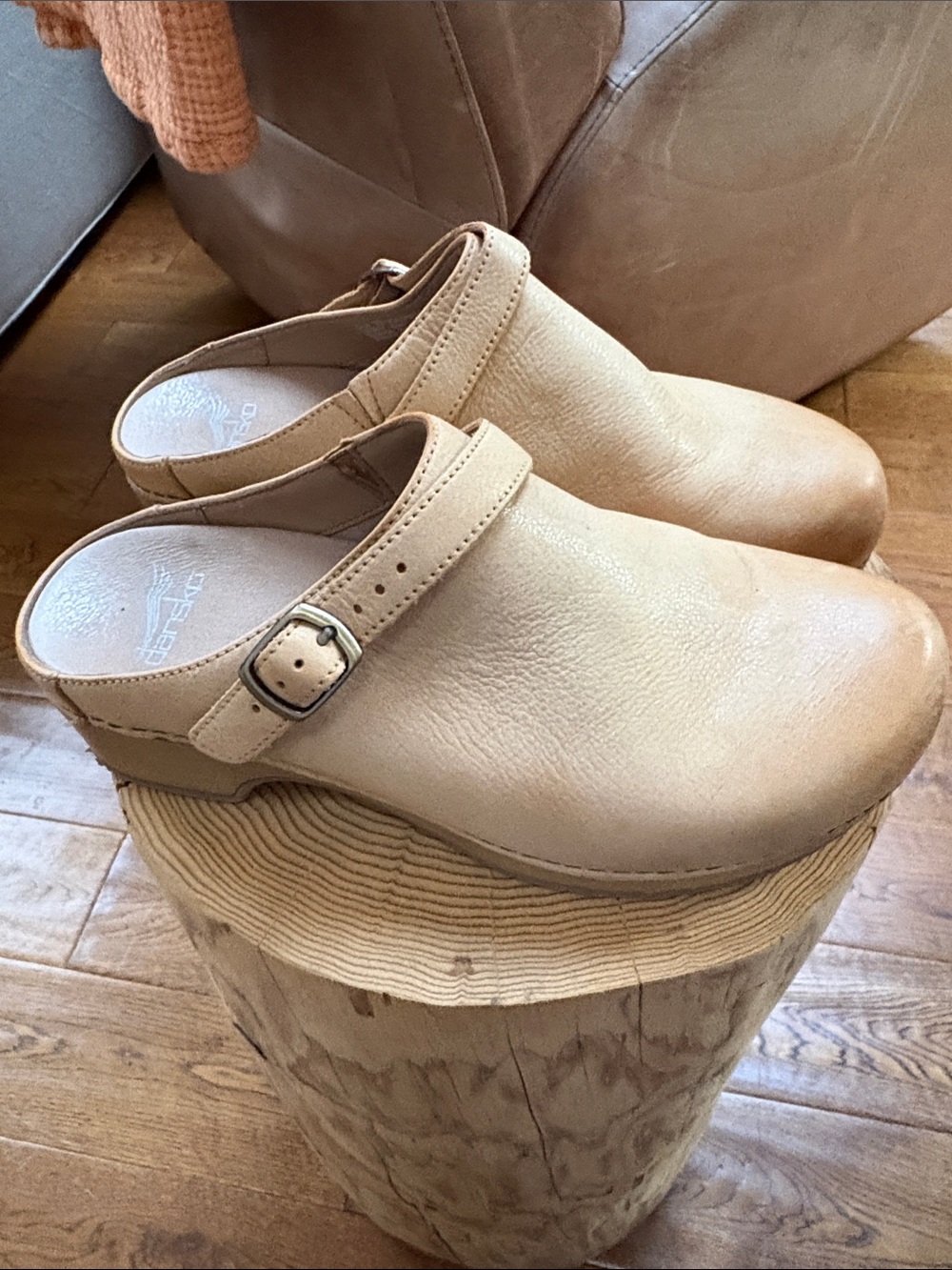 Dansko Women's Tan Leather Clog Mules with Buckle Strap
